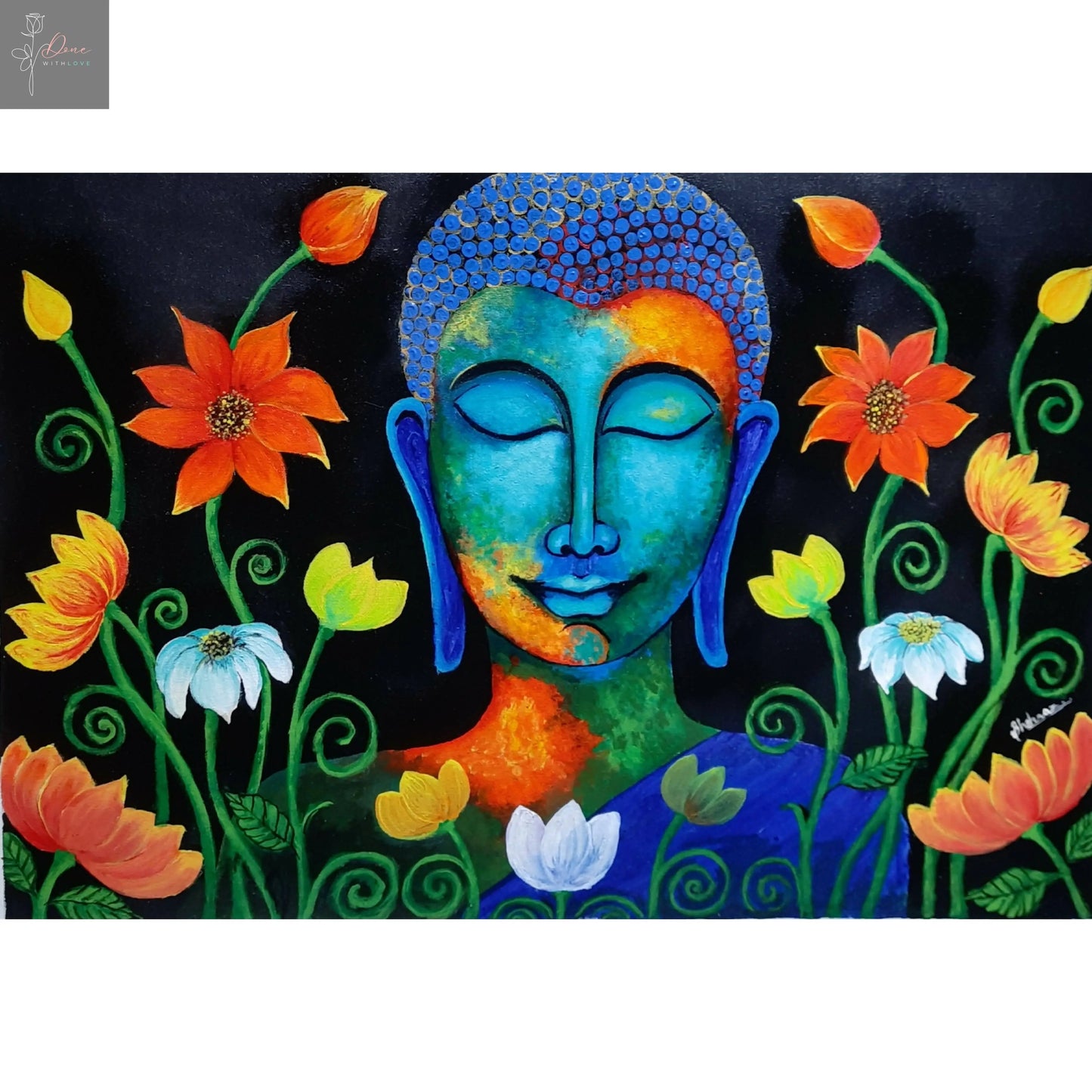 Buddha surrounded with flowers | HOUSE WARMING GIFTS| HOME DECOR| Custom House Art | House Wall Art | Gifts with Purpose The Artrovert