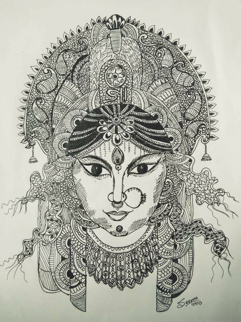 Goddess Durga Gel Pen Wall Art (BW4) — Framed Navratri & Pooja Gift - Done With Love Store