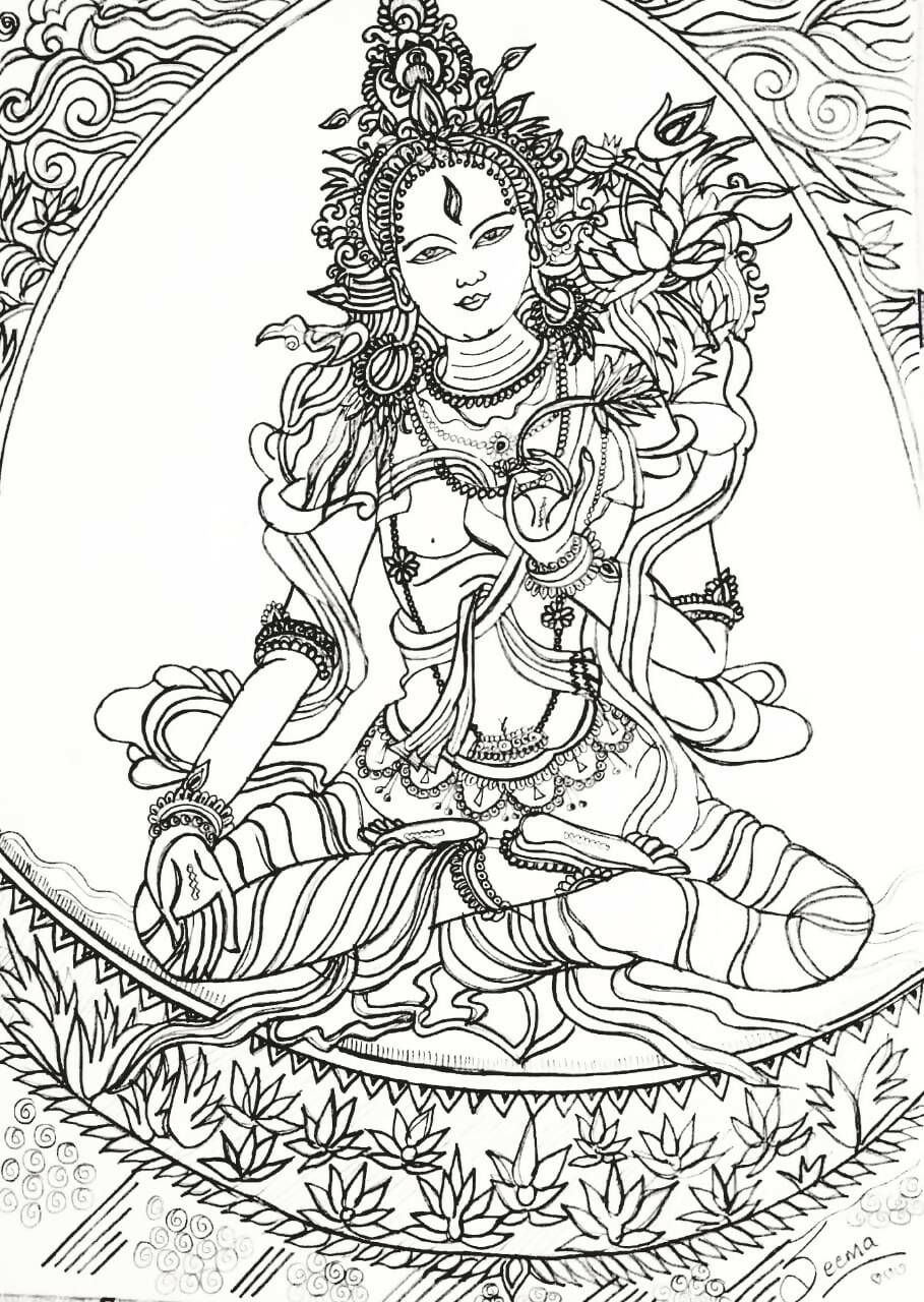Goddess Tara Gel Pen Wall Art (BW11) — Framed Meditation & Shrine Art - Done With Love Store