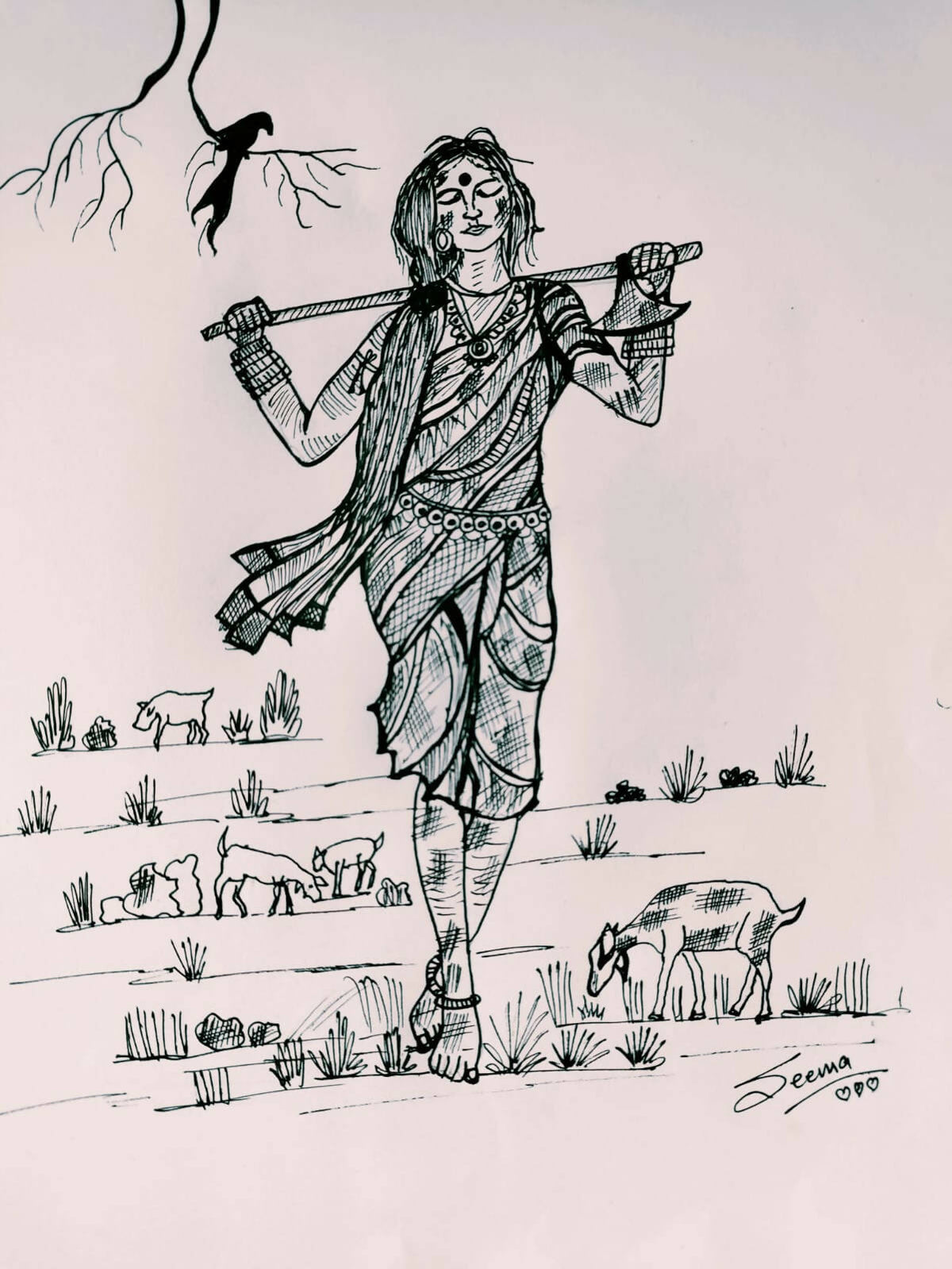 Rural Lady Gel Pen Wall Art (BW14) — Framed Indian Portrait - Done With Love Store
