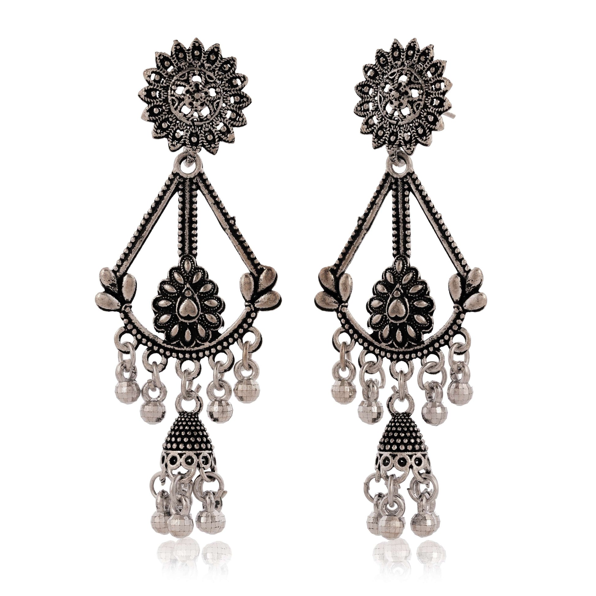 Women's Traditional Silver Oxidised Chandbali Ethnic Design Jhumka/Jhumki Earrings for Women-252 Done With Love Store