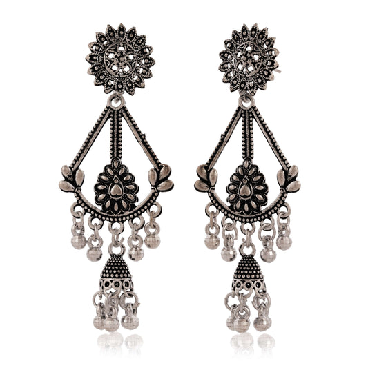 Women's Traditional Silver Oxidised Chandbali Ethnic Design Jhumka/Jhumki Earrings for Women-252 Done With Love Store