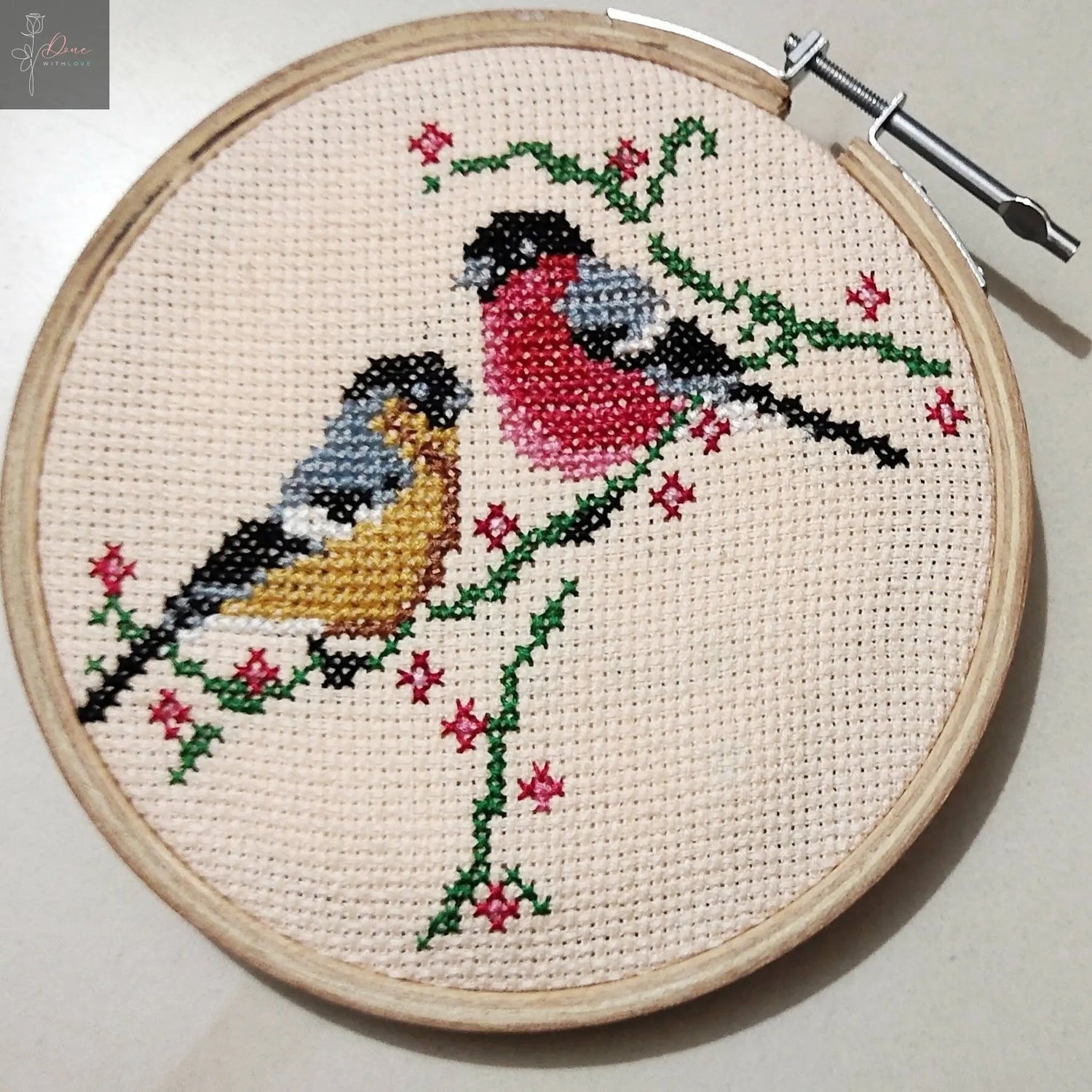 Love Birds Cross Stitch Hoop Art (40 × 50 cm) — Hand-Stitched Wedding Gift - Done With Love Store