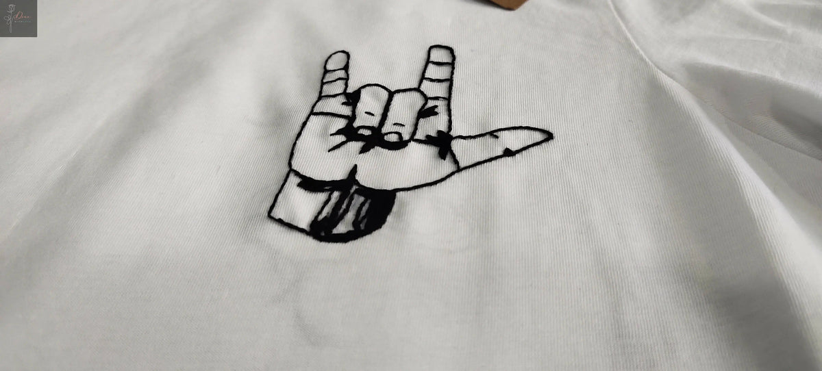 Rock-On Hand-Embroidered T-Shirt — Unisex Cotton, S–XXL - Done With Love Store
