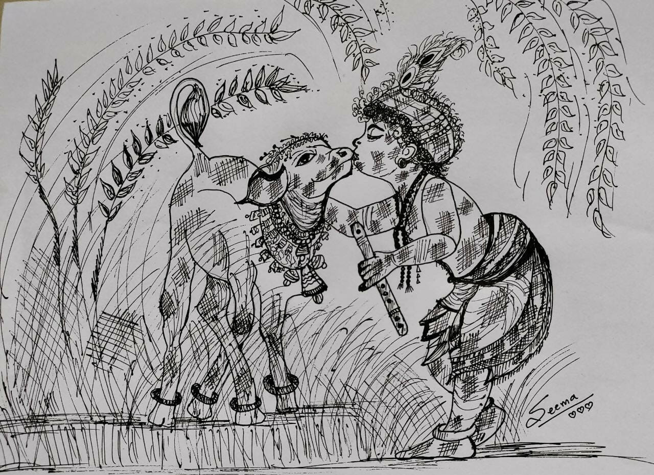Baby Krishna with Calf Gel Pen Wall Art (BW7) — Framed Janmashtami Gift - Done With Love Store