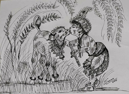Baby Krishna with Calf Gel Pen Wall Art (BW7) — Framed Janmashtami Gift - Done With Love Store
