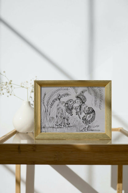 Baby Krishna with Calf Gel Pen Wall Art (BW7) — Framed Janmashtami Gift - Done With Love Store