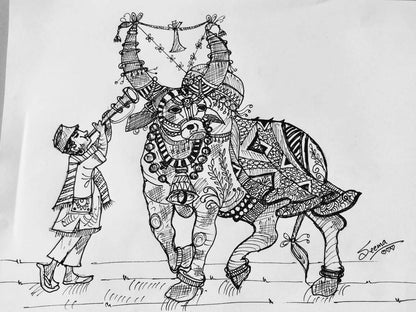 Bull Gel Pen Wall Art (BW8) — Framed Indian Art - Done With Love Store