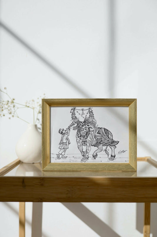 Bull Gel Pen Wall Art (BW8) — Framed Indian Art - Done With Love Store