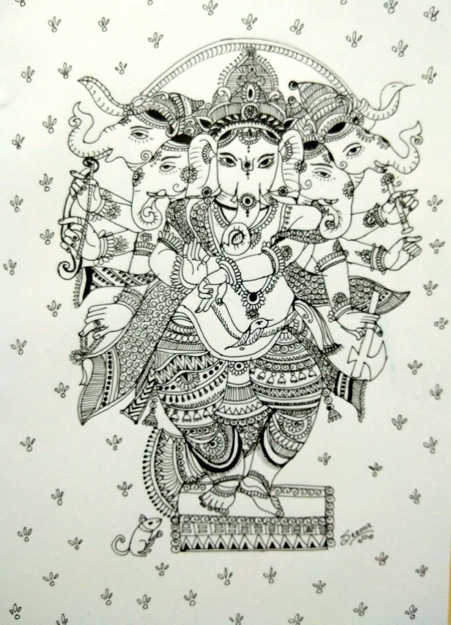 Five-Headed Ganesha Gel Pen Wall Art (BW13) — Framed Ganesh Chaturthi Gift - Done With Love Store
