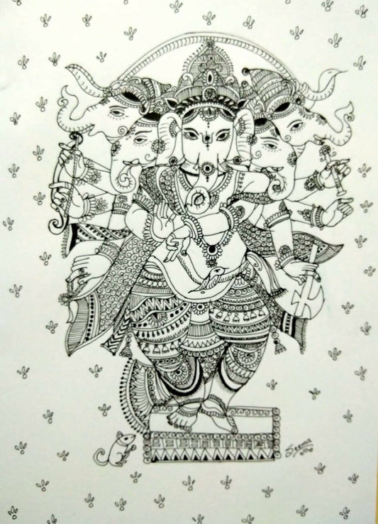 Five-Headed Ganesha Gel Pen Wall Art (BW13) — Framed Ganesh Chaturthi Gift - Done With Love Store