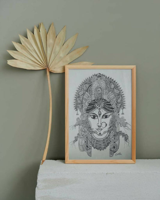 Goddess Durga Gel Pen Wall Art (BW4) — Framed Navratri & Pooja Gift - Done With Love Store