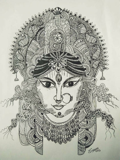 Goddess Durga Gel Pen Wall Art (BW4) — Framed Navratri & Pooja Gift - Done With Love Store