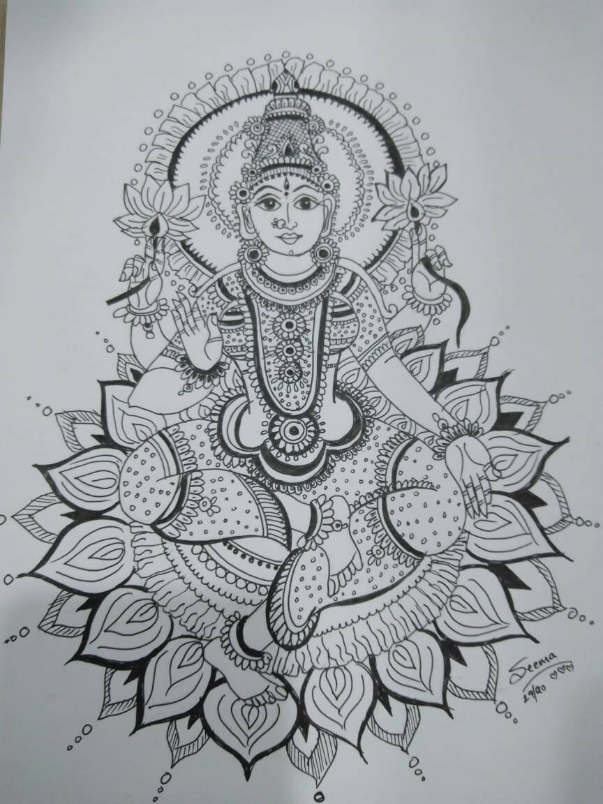 Goddess Lakshmi Gel Pen Wall Art (BW10) — Framed Diwali & Housewarming Gift - Done With Love Store