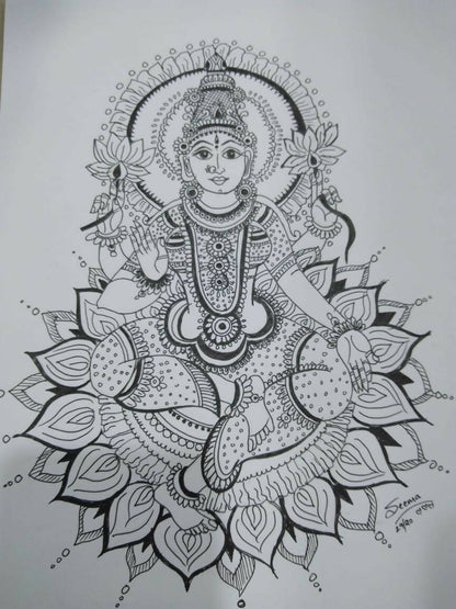 Goddess Lakshmi Gel Pen Wall Art (BW10) — Framed Diwali & Housewarming Gift - Done With Love Store