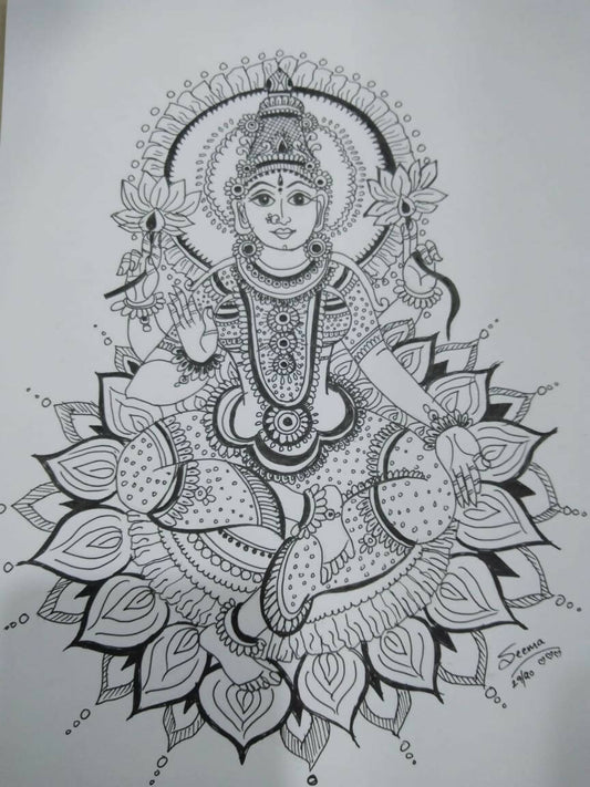 Goddess Lakshmi Gel Pen Wall Art (BW10) — Framed Diwali & Housewarming Gift - Done With Love Store
