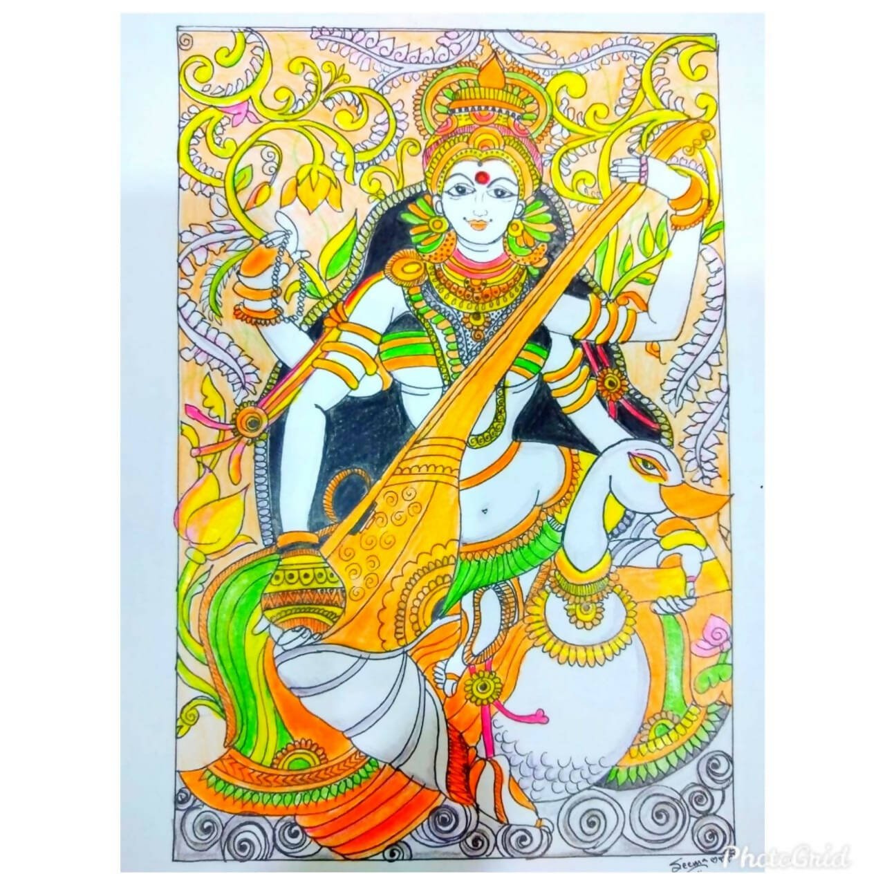 Goddess Saraswati Kerala Mural Art (KM1) — Framed A4 Pooja & Study Décor - Done With Love Store