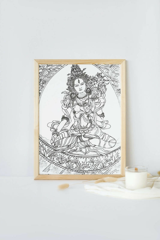 Goddess Tara Gel Pen Wall Art (BW11) — Framed Meditation & Shrine Art - Done With Love Store