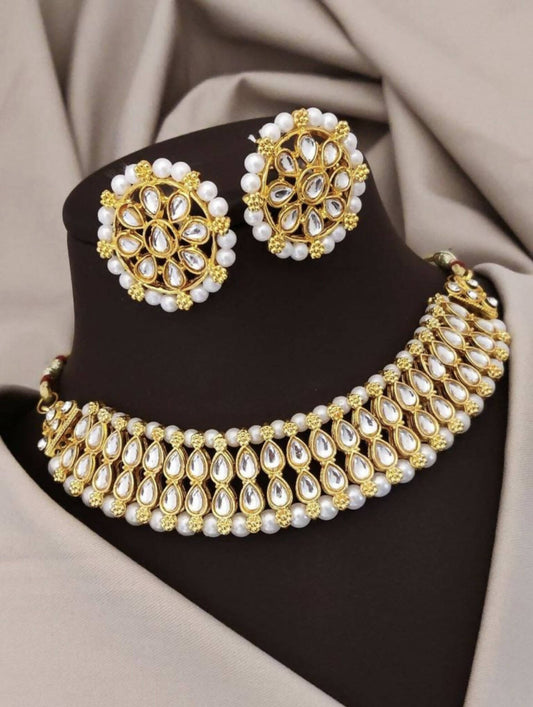 Rani Kundan Necklace & Earrings Set (White)