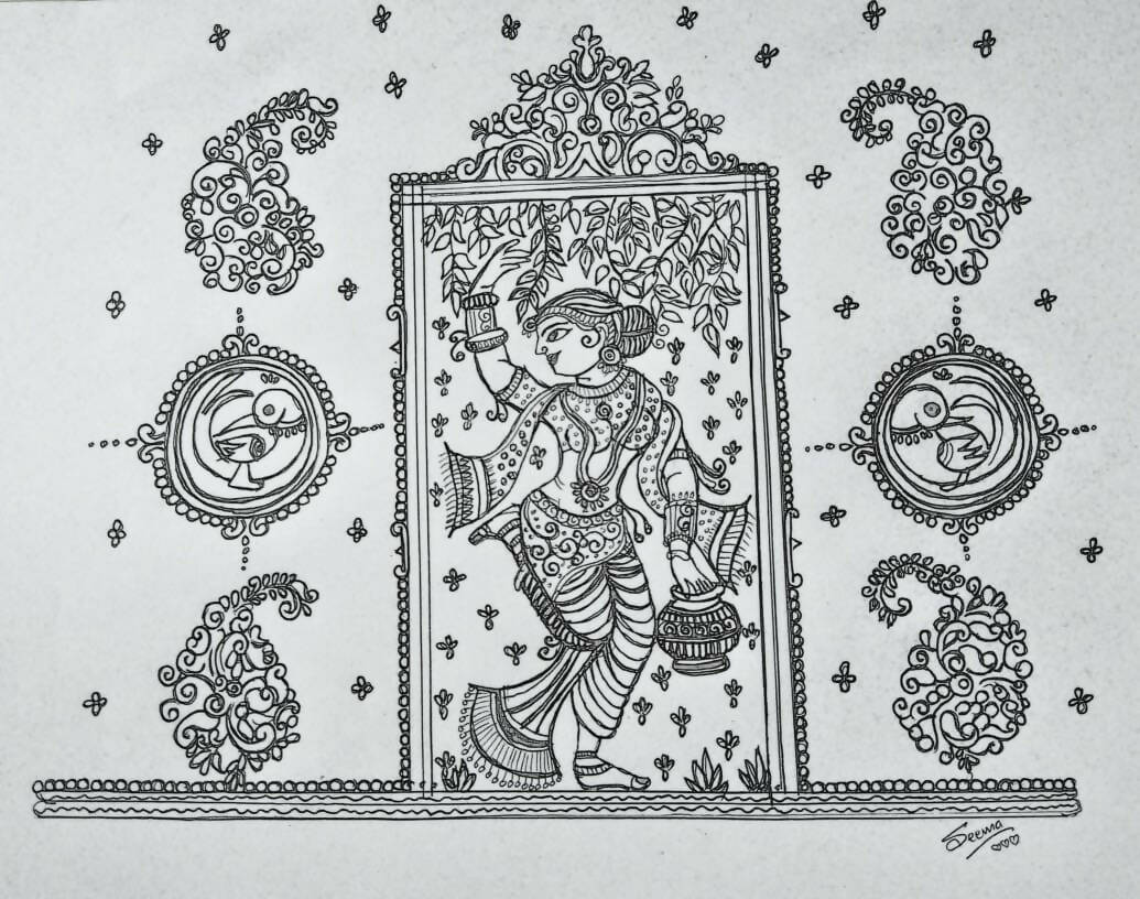 Kalamkari Gel Pen Wall Art (BW9) — Framed Indian Folk Art - Done With Love Store