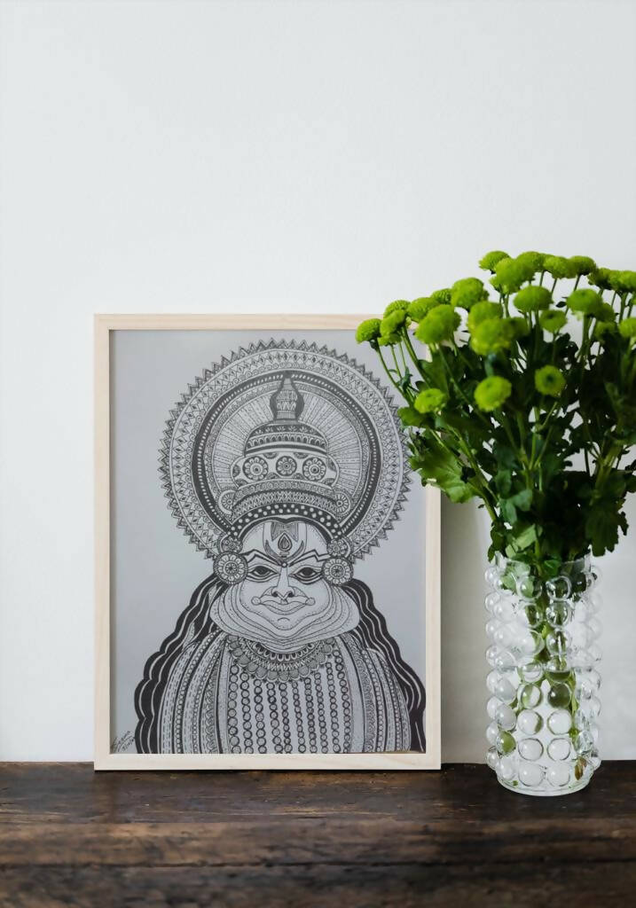 Kathakali Dancer Gel Pen Wall Art (BW2) — Framed Indian Culture Art - Done With Love Store