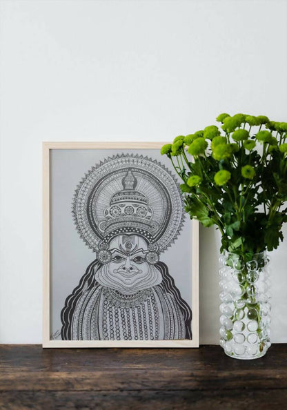 Kathakali Dancer Gel Pen Wall Art (BW2) — Framed Indian Culture Art - Done With Love Store