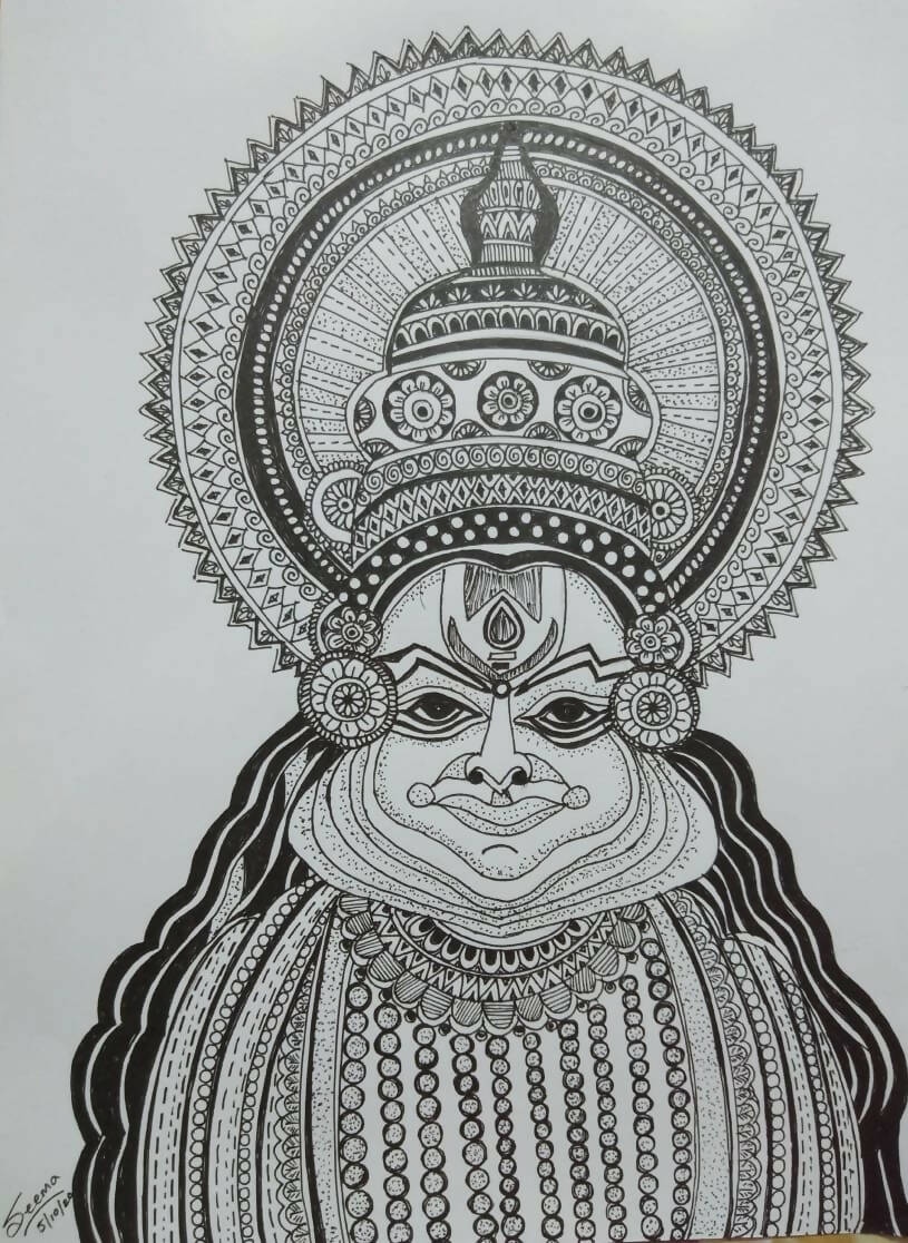 Kathakali Dancer Gel Pen Wall Art (BW2) — Framed Indian Culture Art - Done With Love Store