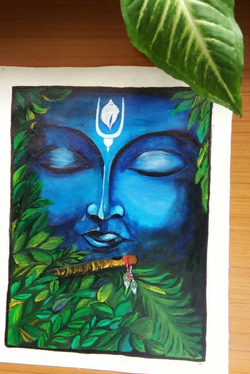 Krishna with Flute Painting (18 × 8 in) — Original Framed Canvas Art - Done With Love Store