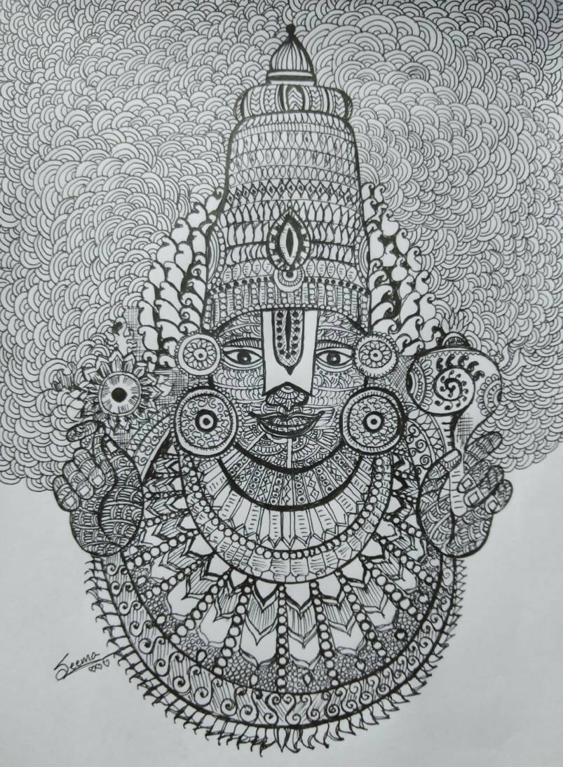 Lord Balaji Gel Pen Wall Art (BW5) — Framed Pooja & Housewarming Gift - Done With Love Store