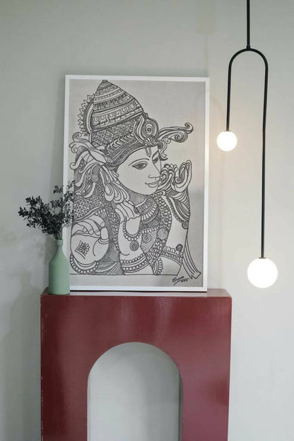 Lord Krishna Gel Pen Wall Art (BW1) — Framed Pooja & Housewarming Gift - Done With Love Store