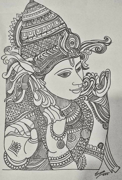Lord Krishna Gel Pen Wall Art (BW1) — Framed Pooja & Housewarming Gift - Done With Love Store