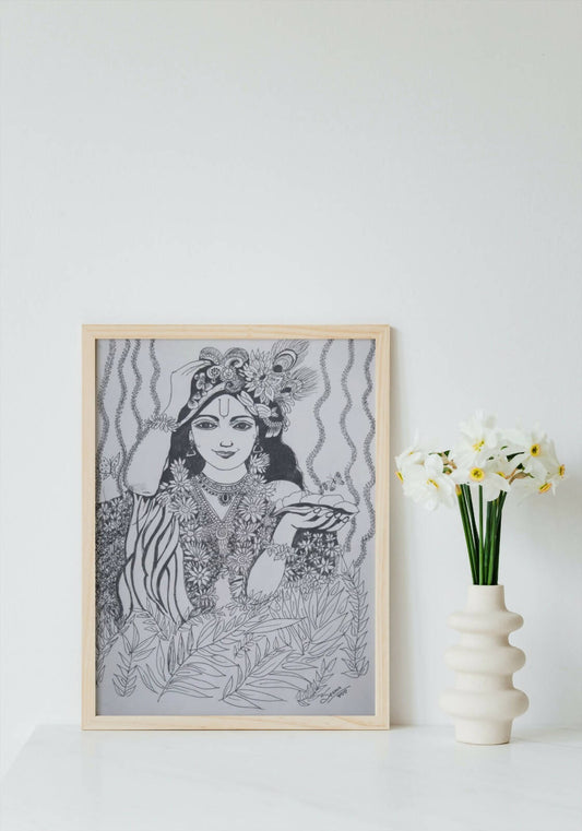Lord Krishna Gel Pen Wall Art (BW12) — Framed Pooja & Housewarming Gift - Done With Love Store