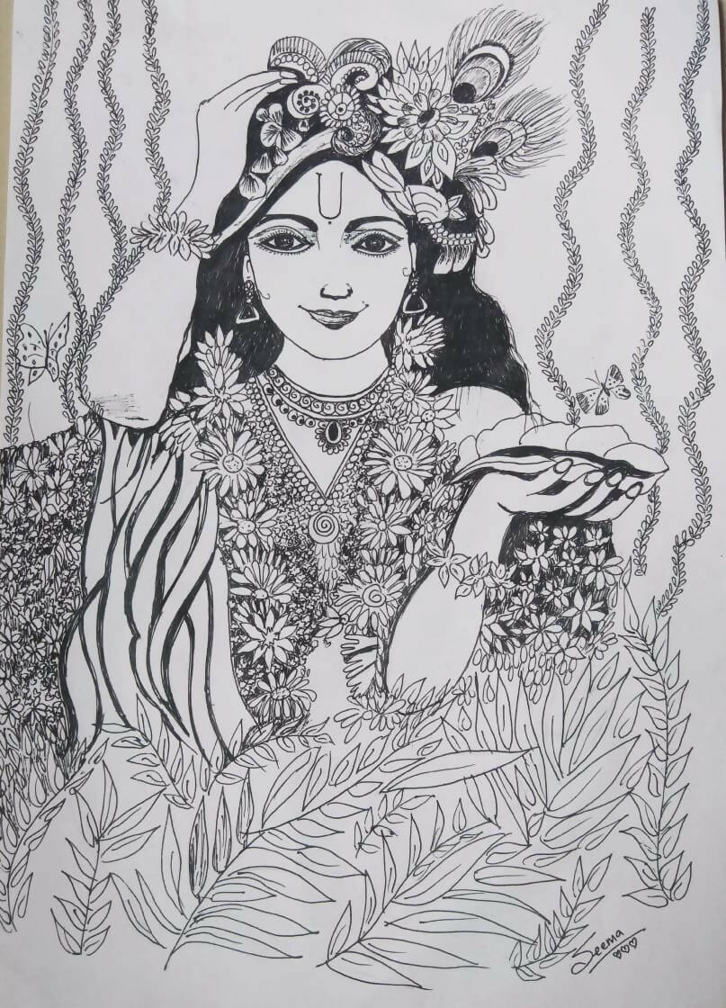 Lord Krishna Gel Pen Wall Art (BW12) — Framed Pooja & Housewarming Gift - Done With Love Store