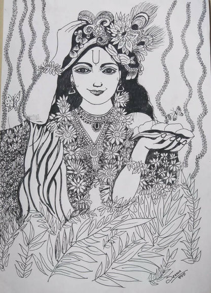 Lord Krishna Gel Pen Wall Art (BW12) — Framed Pooja & Housewarming Gift - Done With Love Store