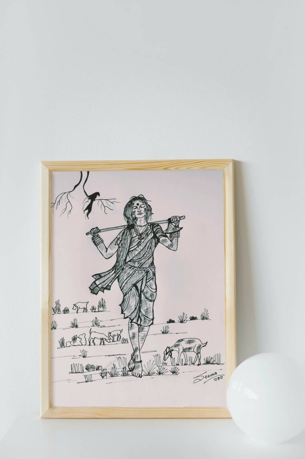 Rural Lady Gel Pen Wall Art (BW14) — Framed Indian Portrait - Done With Love Store